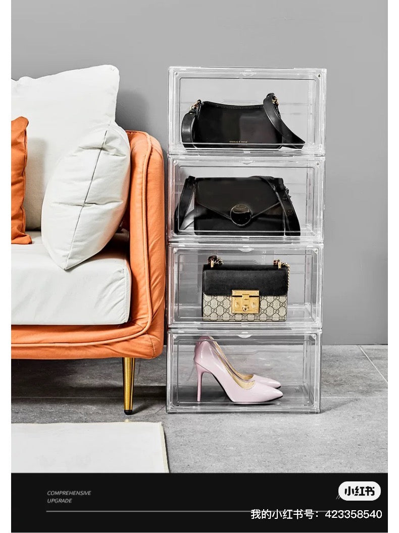 Sneakerview Clear Shoe Boxes –Ultra Clear Plastic Stackable Sneaker Storage For Sneakerhead. Professional Acrylic Shoe Display Case .Shoe and Hat Organizer .Fits US Size 14 - 4 pack